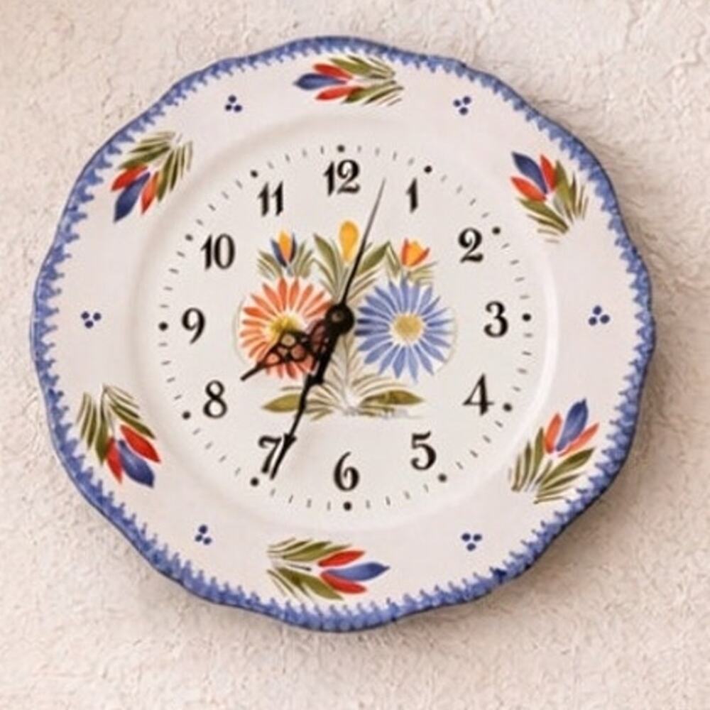 Henriot Quimper Hand Painted Faience Pottery Wall Clock Fleuri Pattern Signed